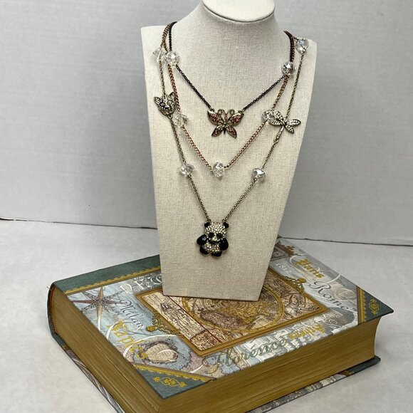 Betsey Johnson Multi-Layer Necklace Butterfly & Panda Charms Gold & Black  NWT - Picture 1 of 8